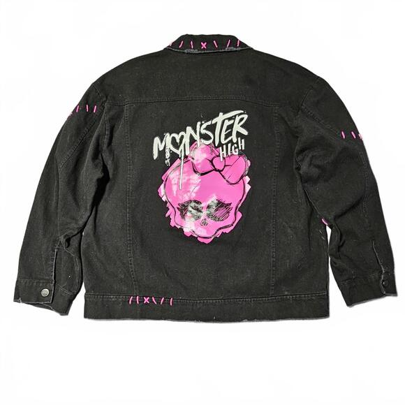 Monster High Black Denim Jacket XL Pink Stitching Graphic Print Spirit Halloween - Picture 2 of 14